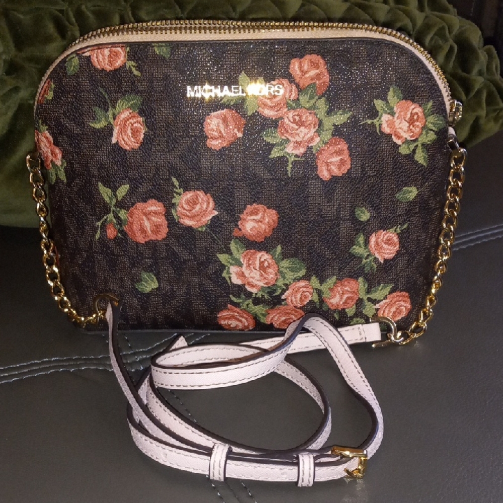 Michael Kors Rose Pattern Crossbody Bag - Black and Pink
